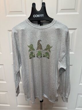 Gildan Gray Long Sleeve Tee with Green Shamrock Gnome Trio Graphic